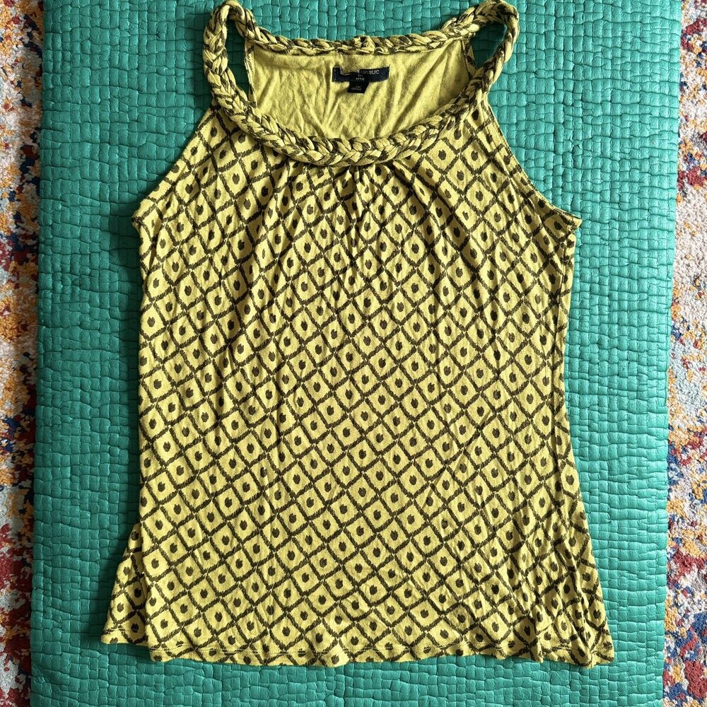 NEW Banana Republic Green Black Print Blouse Tunic Tank Top PM Petite M Braided